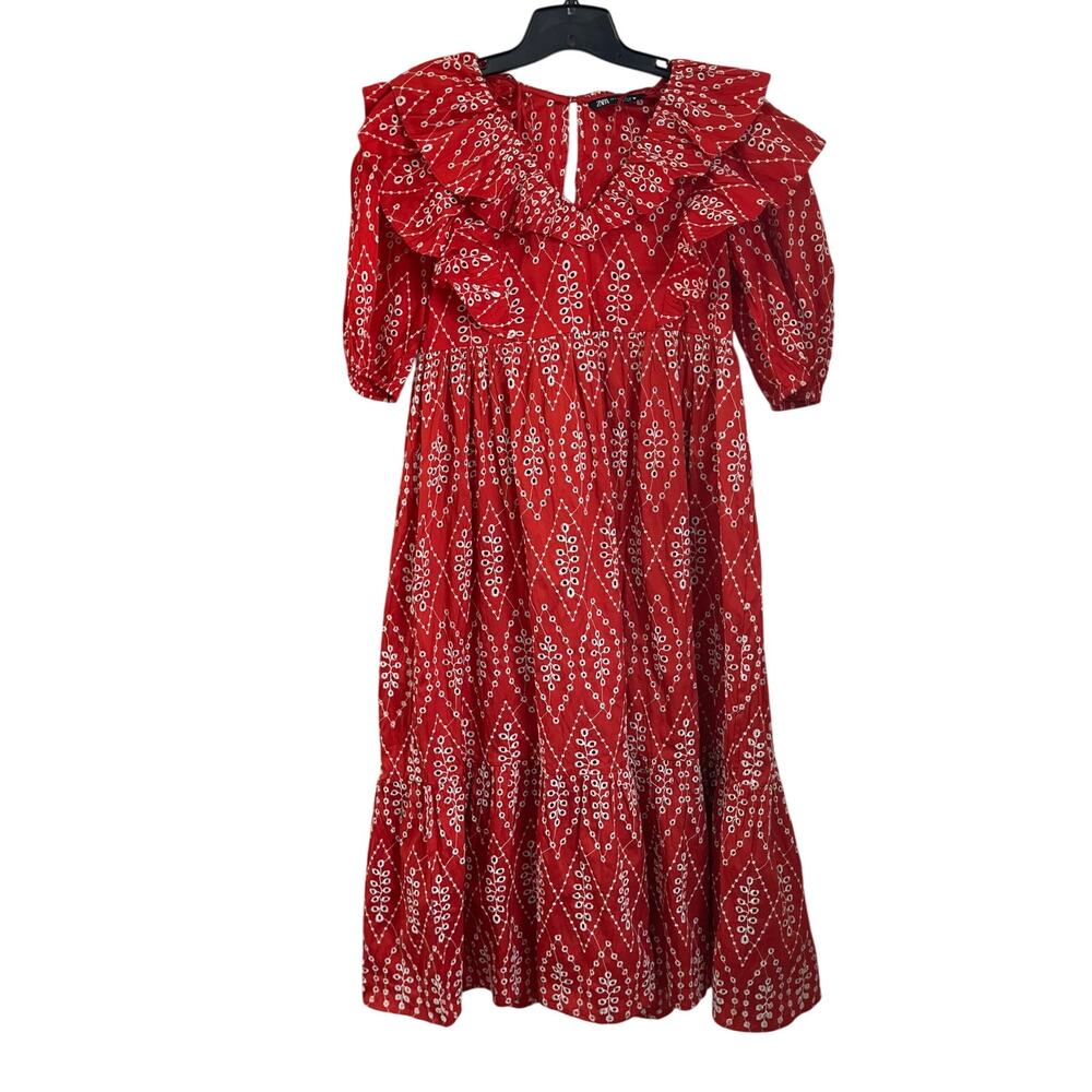 Zara Red Dress with Eyelet Embroidery Midi Length Size Small - Picture 2 of 16